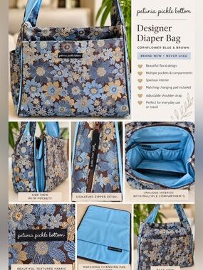 Authentic ~ Petunia Pickle Bottom Floral Diaper Bag Blue Brown NEW